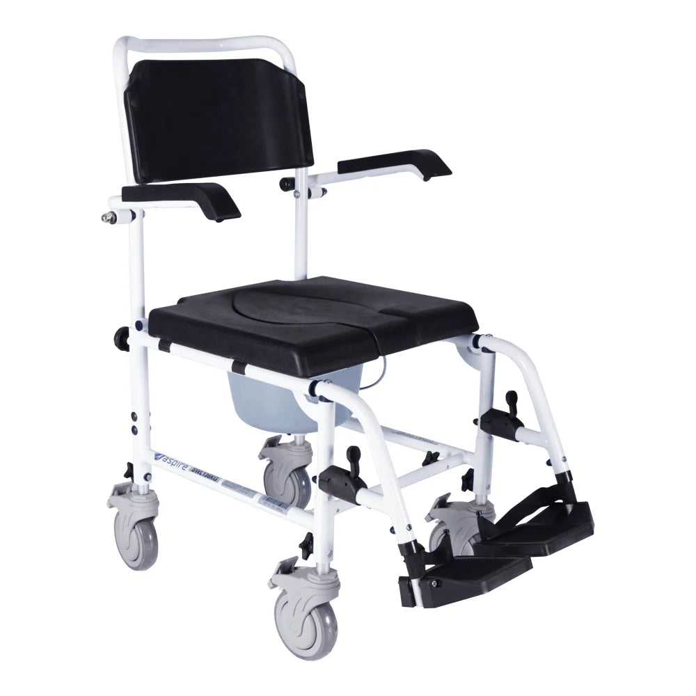 Aspire 440mm Aluminium Attendant-Propelled Commode – lightweight shower commode with padded seat, swing-back arms, adjustable footrests and total-locking castors, ideal for home care and NDIS support.
