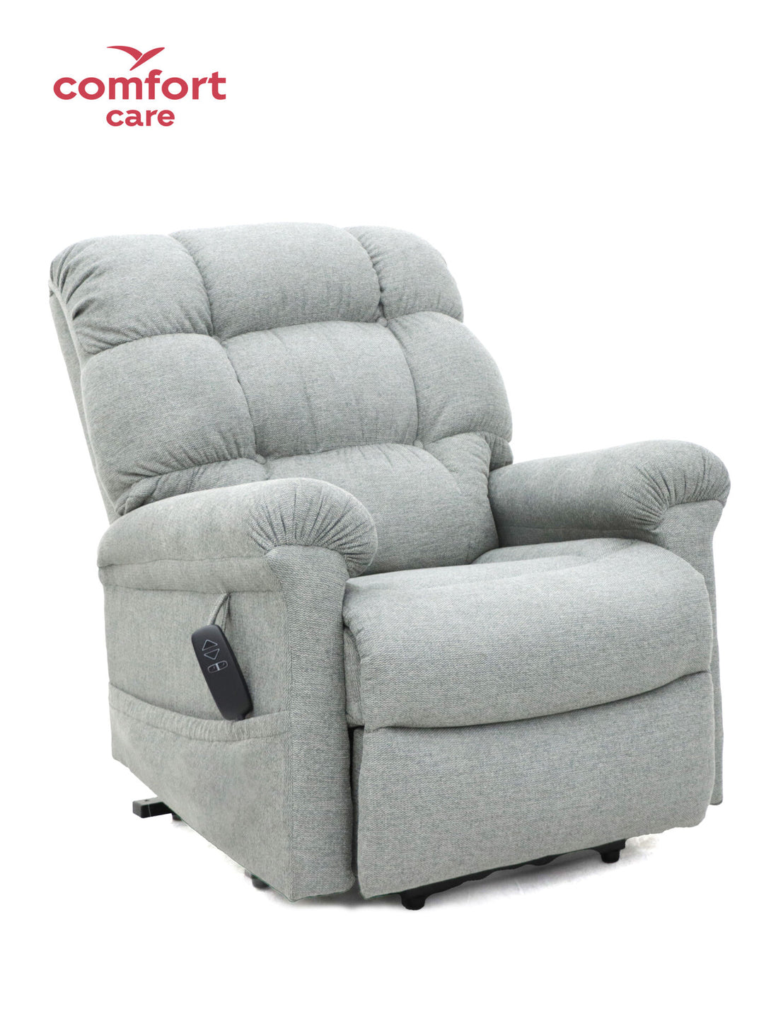 Light grey Comfort Care Cloud lift and recliner chair upright position — mobility seating Caroline Springs.