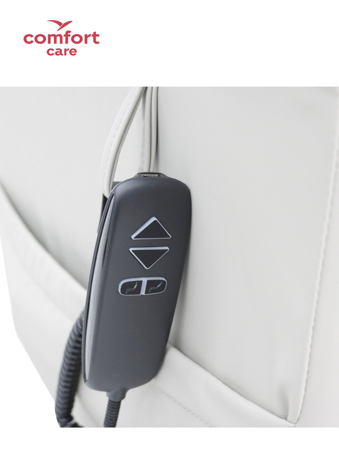 Comfort Care Cloud lift recliner remote control showing LED buttons and USB charger — Caroline Springs.
