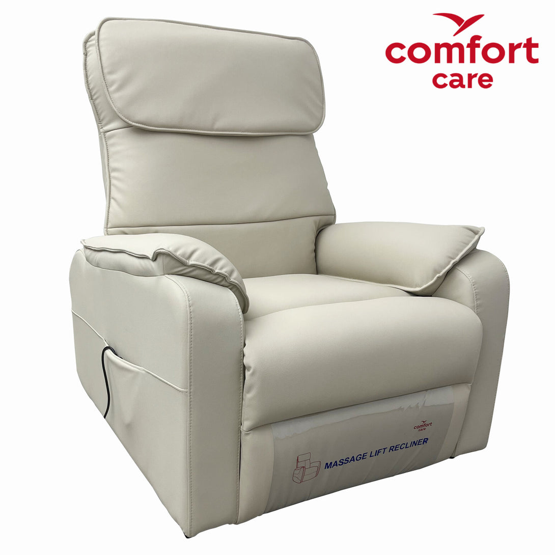Comfort Care ZEN cream lift recliner shown in upright position with cushioned backrest