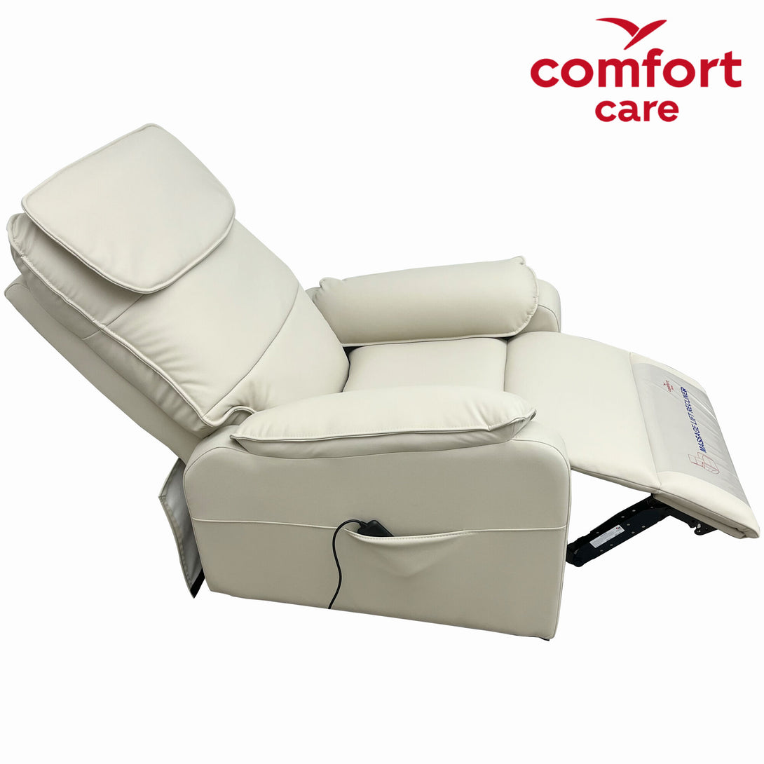 Comfort Care ZEN lift recliner in cream fully reclined with elevated leg rest for comfort deer park,Caroline Springs