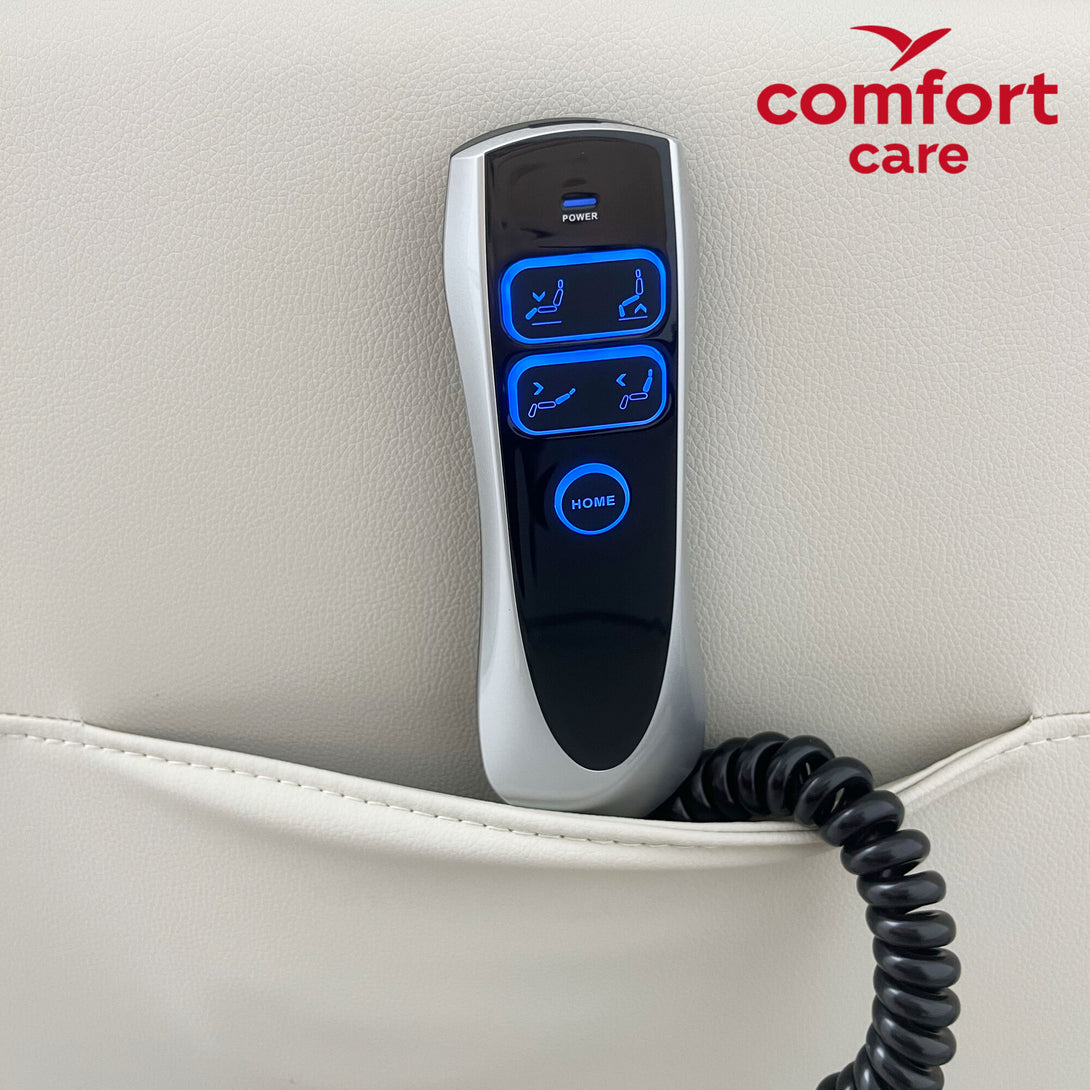 Comfort Care ZEN massage controller showing full-back massage settings in blue interface. mobility aids Caroline Springs