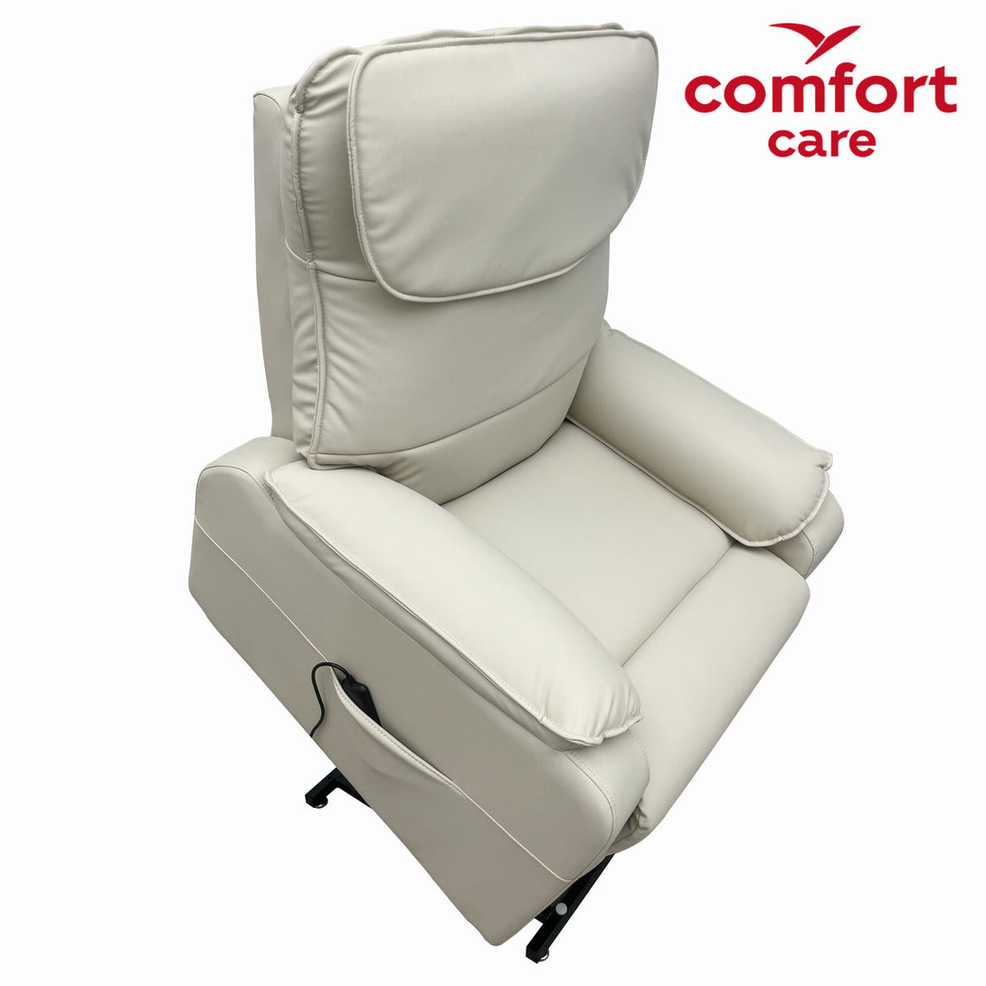 Comfort Care ZEN cream massage lift recliner shown in side reclined position with padded armrests.