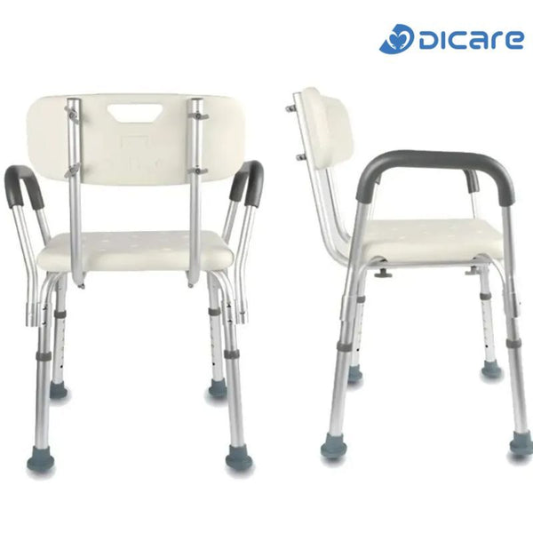 Dicare adjustable height shower chair with non-slip rubber tips, aluminium frame and contoured seat, ideal for elderly or disability support in bathroom safety.